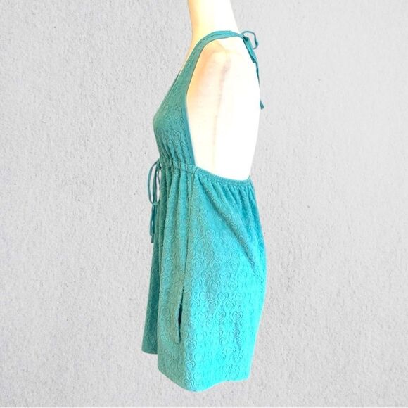 Y2K terrycloth halter turquoise mini dress swim cover - Picture 3 of 9